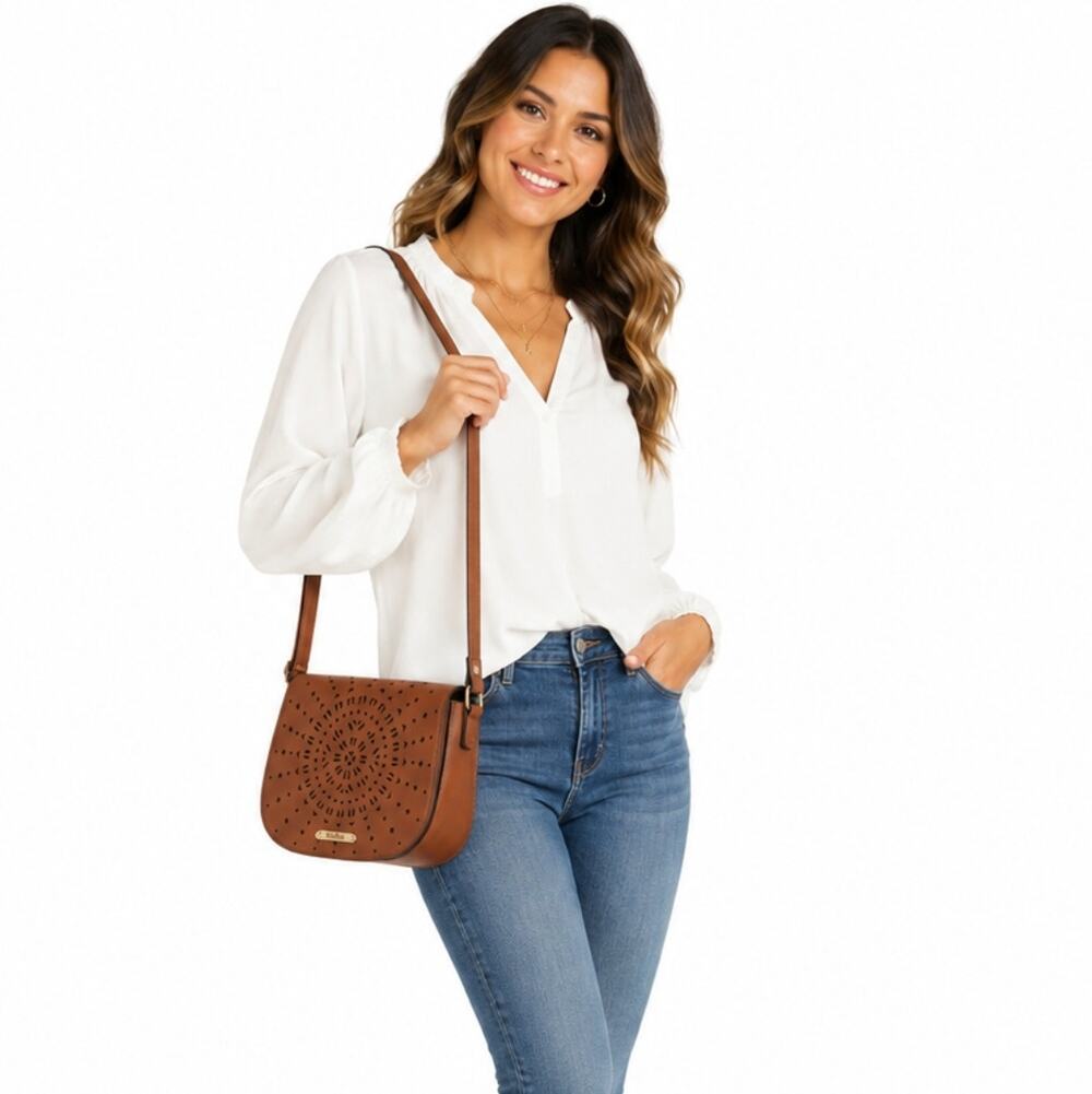 Womens Brown Shoulder Bag Small Cut Out Boho Festival Western Saddle Bag Purse